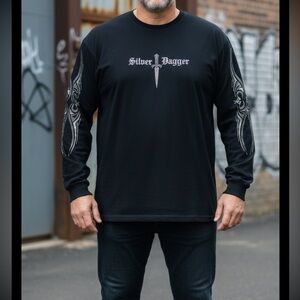 Silver Dagger Men's Embellished Ram Skull T-shirt Black 2XL Long Sleeve Biker